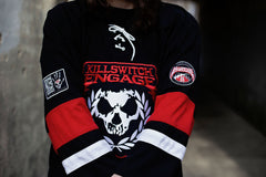 KILLSWITCH ENGAGE 'UNLEASHED' deluxe hockey jersey in black, white, and red front view on model