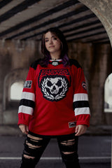 KILLSWITCH ENGAGE 'UNLEASHED' deluxe hockey jersey in red, black, and white front view on model