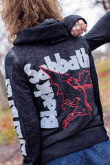 BLACK SABBATH ‘IRON MAN’ women's full zip hockey hoodie in acid black back view on model