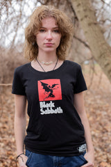 BLACK SABBATH 'IRON MAN' women's short sleeve hockey t-shirt front view on model