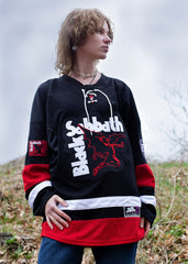 BLACK SABBATH ‘IRON MAN’ deluxe hockey jersey in black, white, and red front view on model