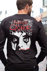 ALICE COOPER ‘THE SPIDERS’ long sleeve hockey t-shirt in black back view on model