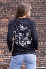 ALICE COOPER ‘SCHOOLS OUT’ hockey raglan t-shirt in graphite heather with black sleeves back view on model