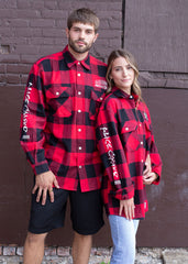 ALICE COOPER ‘SCHOOLS OUT’ hockey flannel in red plaid front view on model