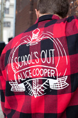 ALICE COOPER ‘SCHOOLS OUT’ hockey flannel in red plaid back view on model