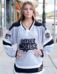 ALICE COOPER 'CLASSIC' deluxe hockey jersey in grey, black, and white front view on model