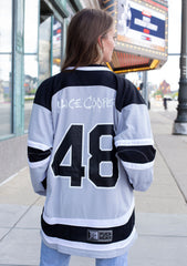 ALICE COOPER 'CLASSIC' deluxe hockey jersey in grey, black, and white back view on model