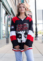 ALICE COOPER ‘THE SPIDERS’ hockey jersey in black, red, and white front view on model