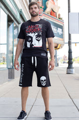 ALICE COOPER 'CLASSIC' fleece hockey shorts in black front view on model