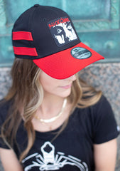 ALICE COOPER 'THE SPIDERS' stretch fit hockey cap in black with red brim and stripes front view on model