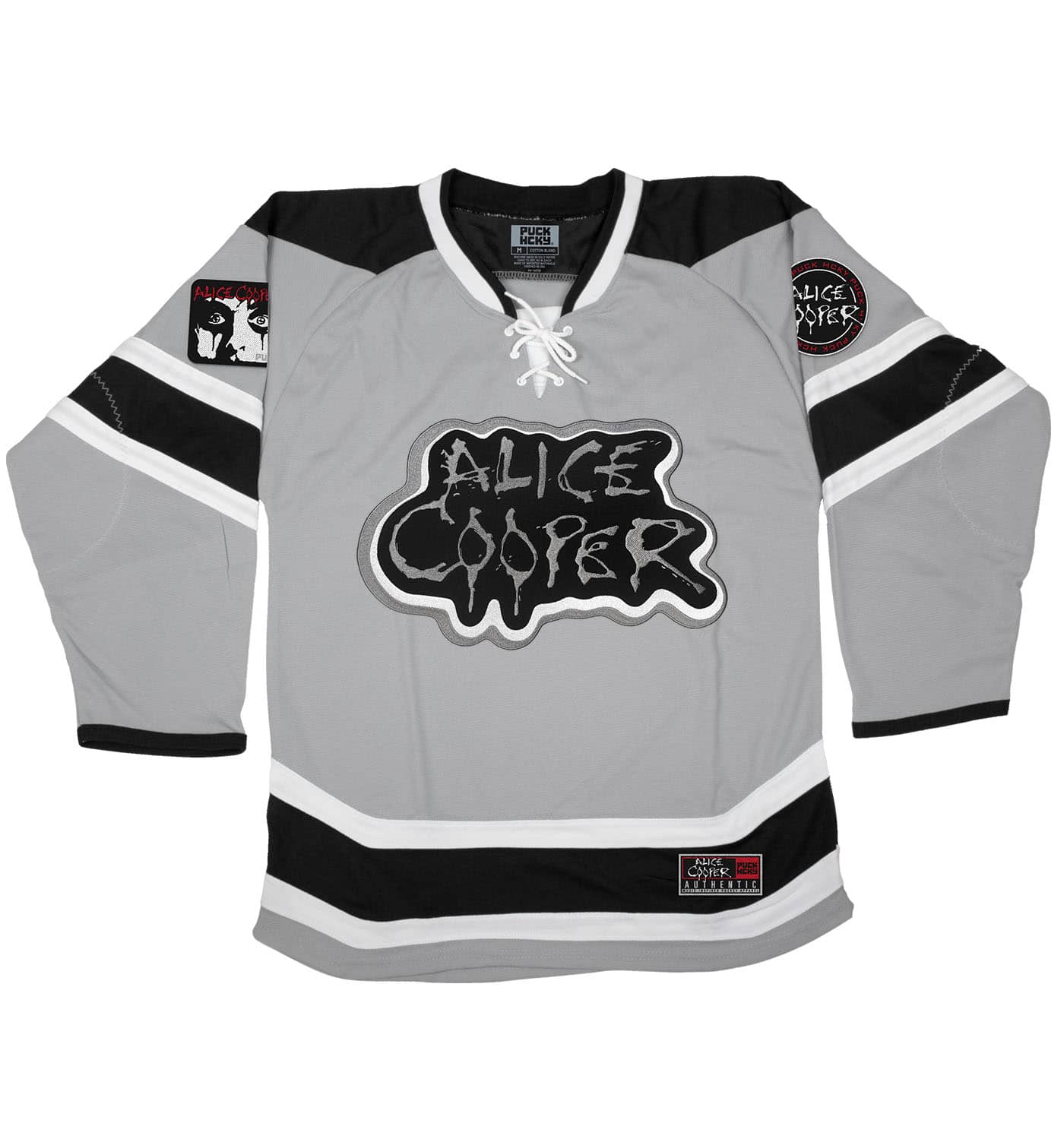 ALICE COOPER 'CLASSIC' deluxe hockey jersey in grey, black, and white front view