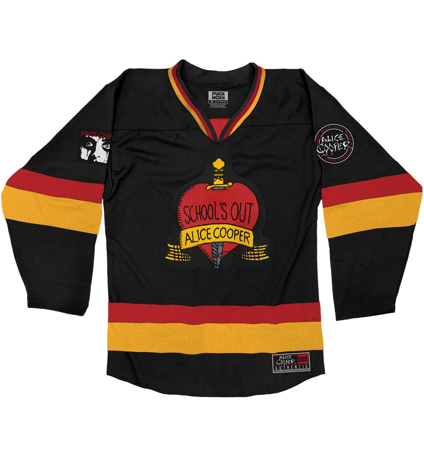 ALICE COOPER 'SCHOOLS OUT' DELUXE hockey jersey in black, gold, and red front view