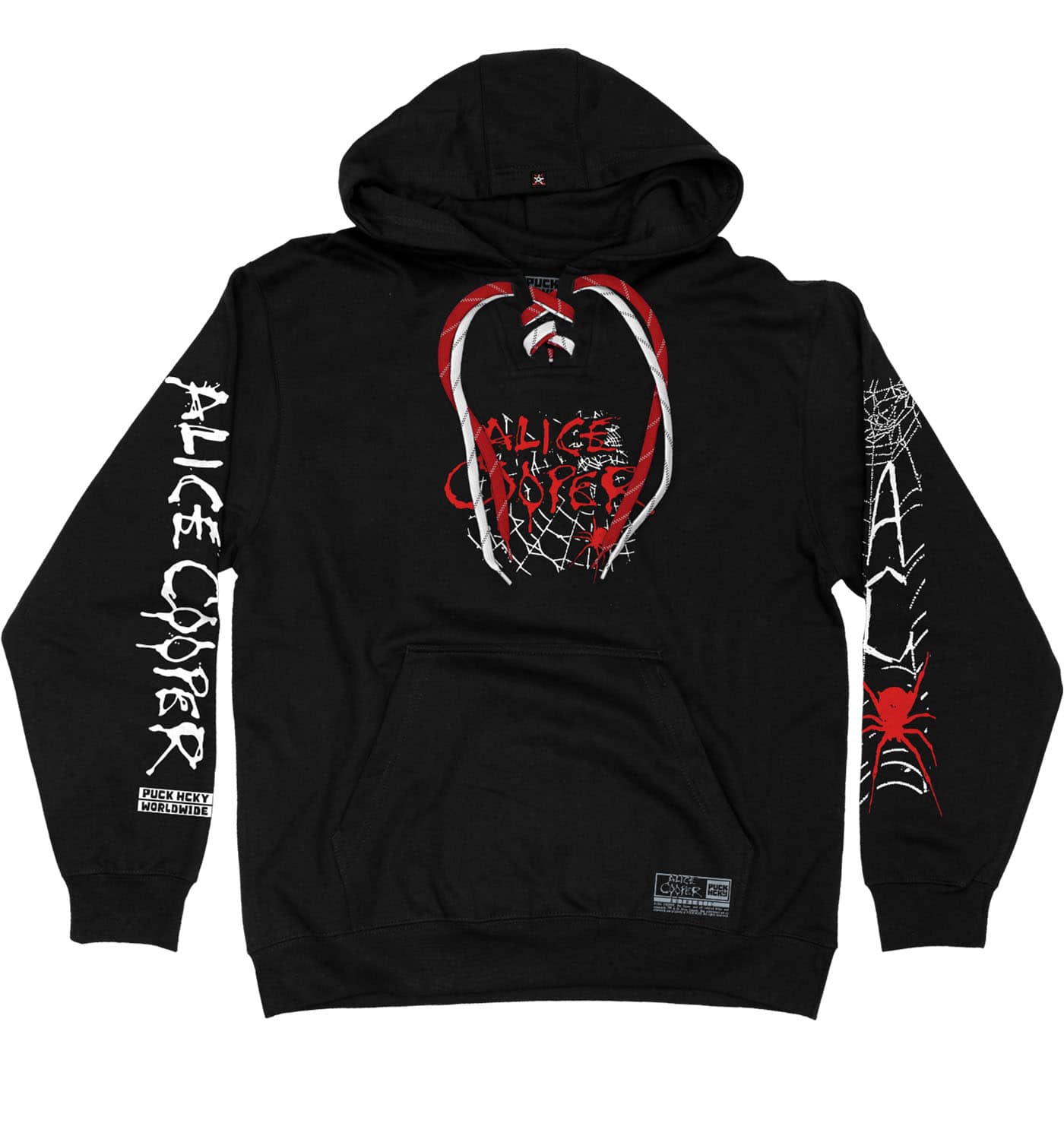ALICE COOPER ‘THE SPIDERS’ laced pullover hockey hoodie in black with red and white laces front view