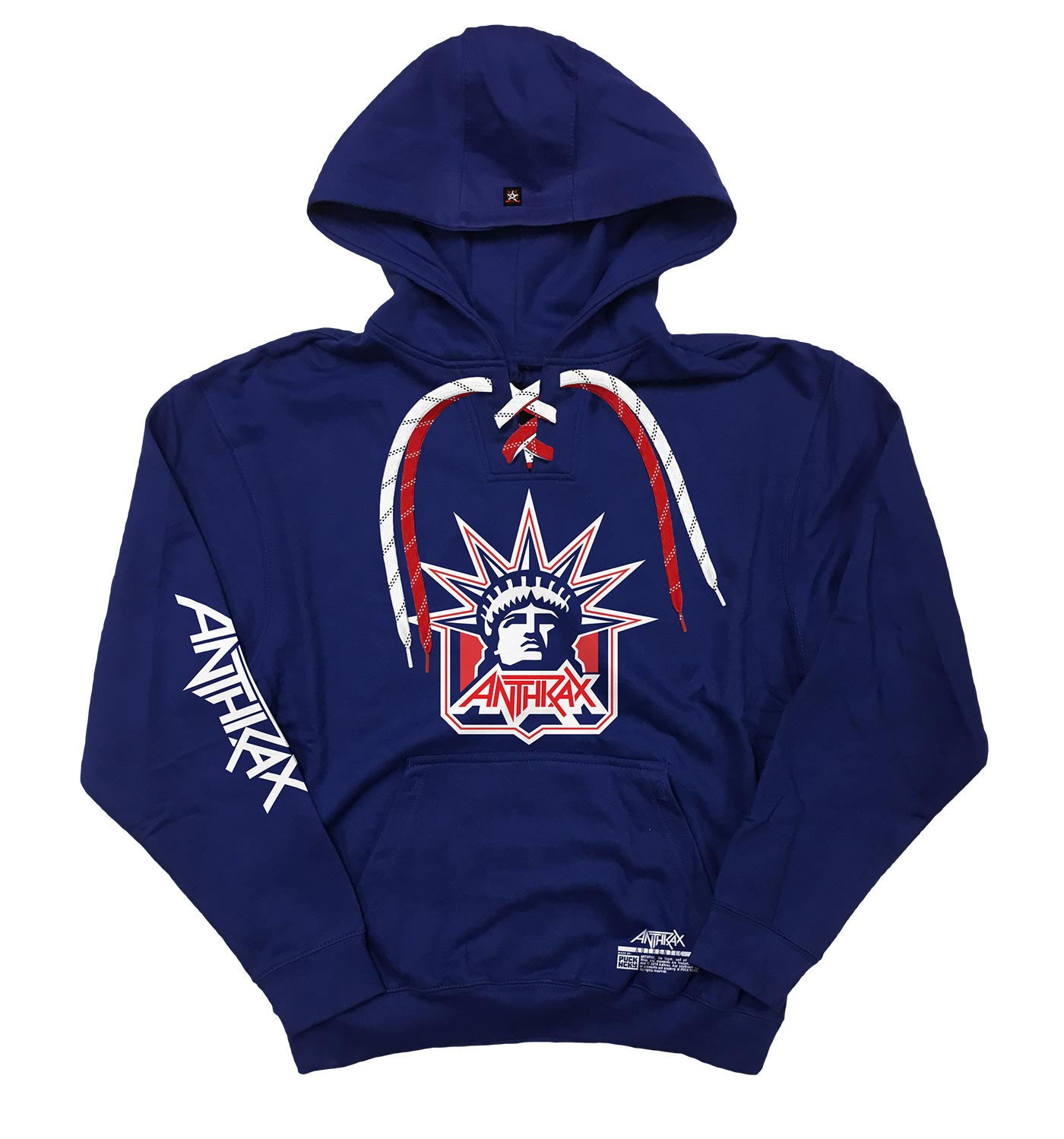 ANTHRAX 'LADY OF THRASH' laced pullover hockey hoodie in royal with red and white laces with black stripes