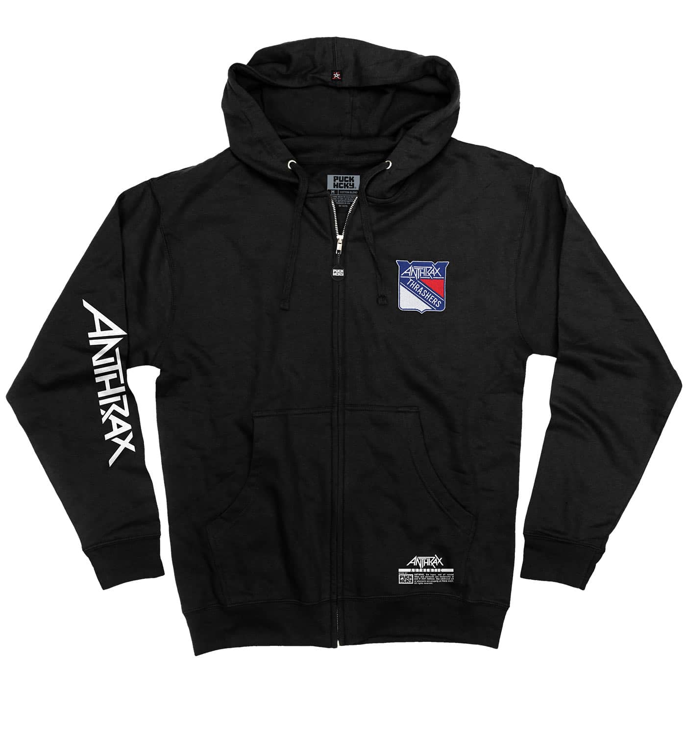 ANTHRAX 'METAL THRASHING MAD' full zip hockey hoodie in black front view
