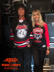 ANTHRAX 'NOT' hockey jersey in black, red, and white on Joey Belladonna
