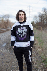BLACK SABBATH ‘CHILDREN OF THE RINK’ hockey jersey in black, white, and grey front view on model