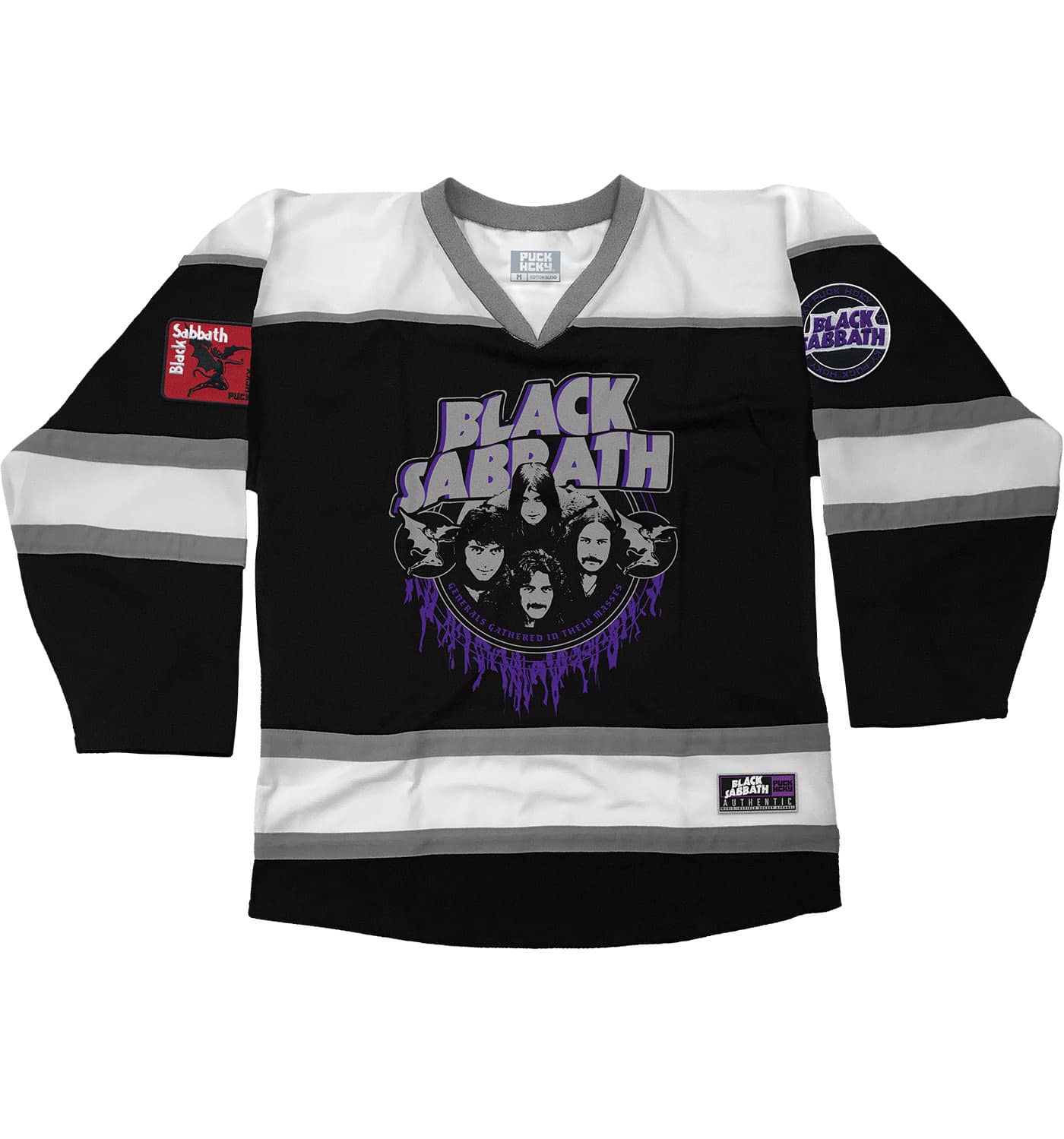 BLACK SABBATH ‘CHILDREN OF THE RINK’ hockey jersey in black, white, and grey front view