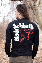 BLACK SABBATH 'IRON MAN' long sleeve hockey t-shirt in black back view on model