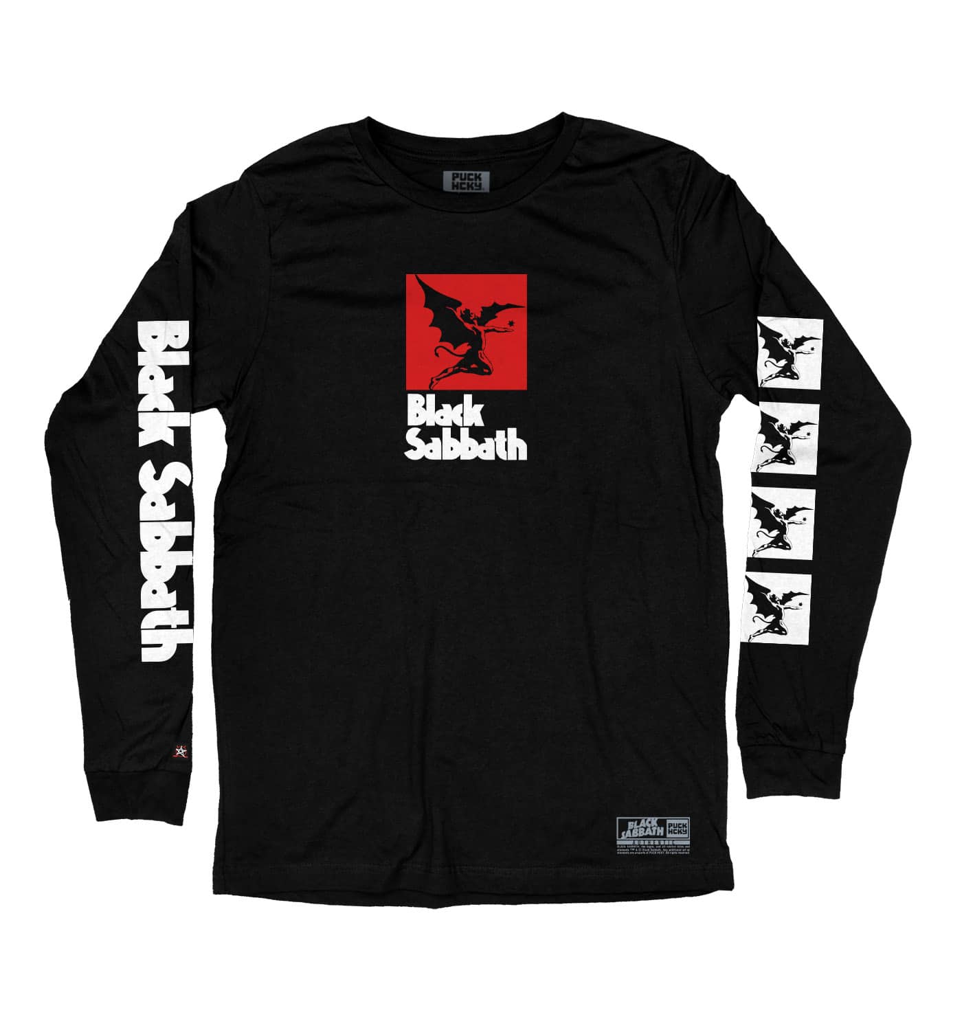 BLACK SABBATH 'IRON MAN' long sleeve hockey t-shirt in black front view
