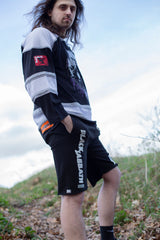BLACK SABBATH ‘IRON MAN’ fleece hockey shorts in black on model