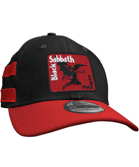 BLACK SABBATH ‘IRON MAN’ stretch fit hockey cap in black with red brim and stripes front view