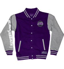 BLACK SABBATH 'SCOREBLIND' hockey letterman jacket in purple and grey front view