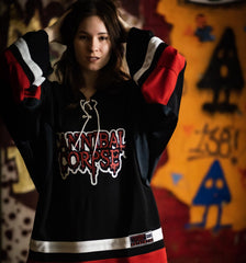 CANNIBAL CORPSE 'HOCKEY CLUB' hockey jersey in black, white, and red on model front view