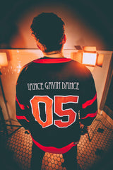 DANCE GAVIN DANCE ‘AFTERBURNER’ hockey jersey in black and red back view on model