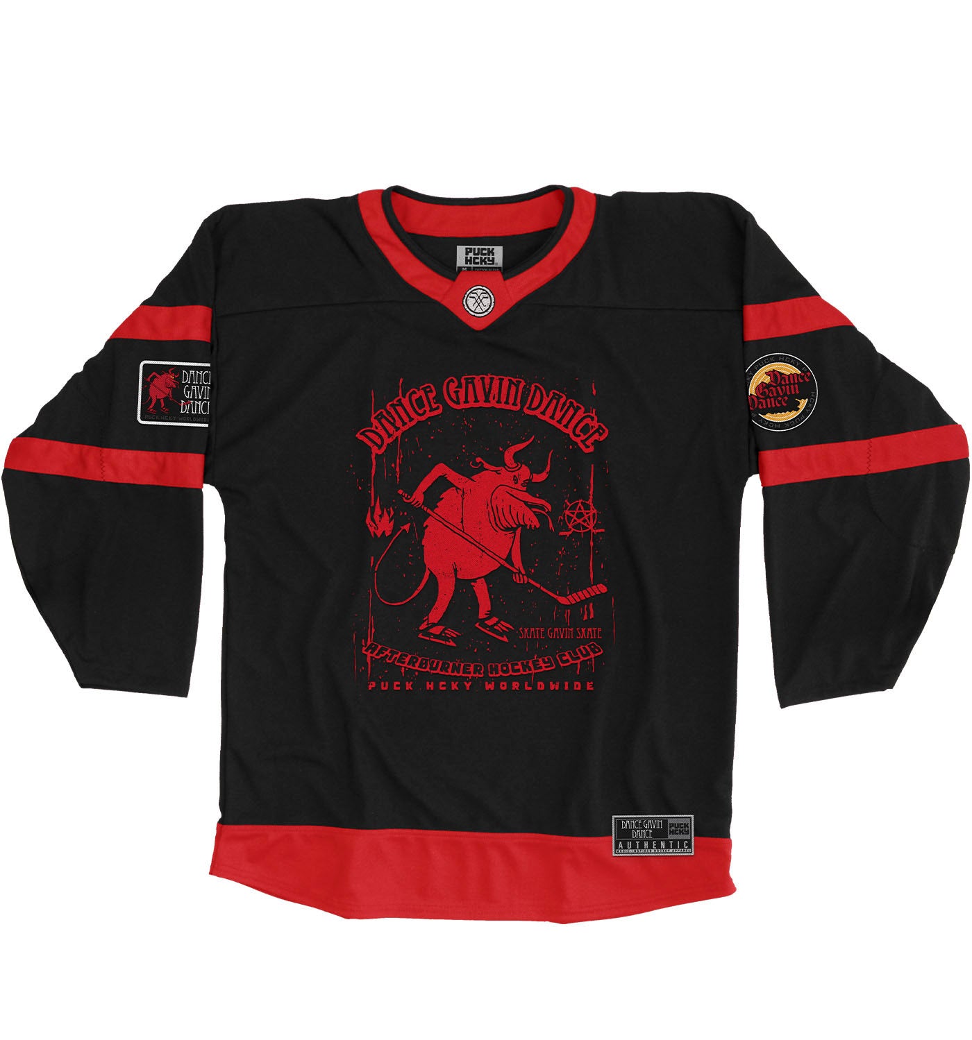 DANCE GAVIN DANCE ‘AFTERBURNER’ hockey jersey in black and red front view