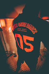 DANCE GAVIN DANCE ‘AFTERBURNER’ laced pullover hockey hoodie in black with red and black laces back view on model