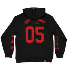 DANCE GAVIN DANCE ‘AFTERBURNER’ laced pullover hockey hoodie in black with red and black laces back view