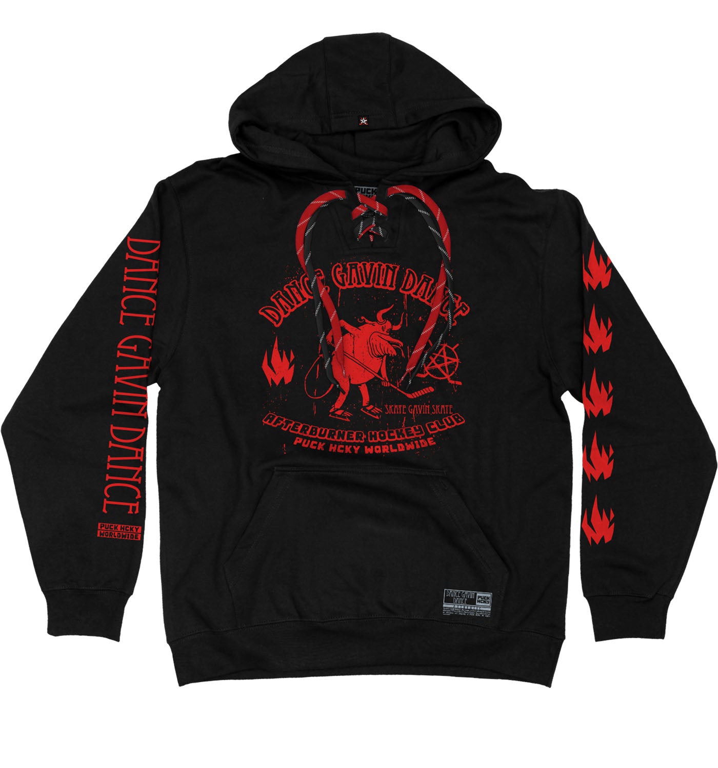 DANCE GAVIN DANCE ‘AFTERBURNER’ laced pullover hockey hoodie in black with red and black laces front view