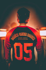 DANCE GAVIN DANCE ‘AFTERBURNER’ hockey raglan t-shirt in black with red sleeves back view on model