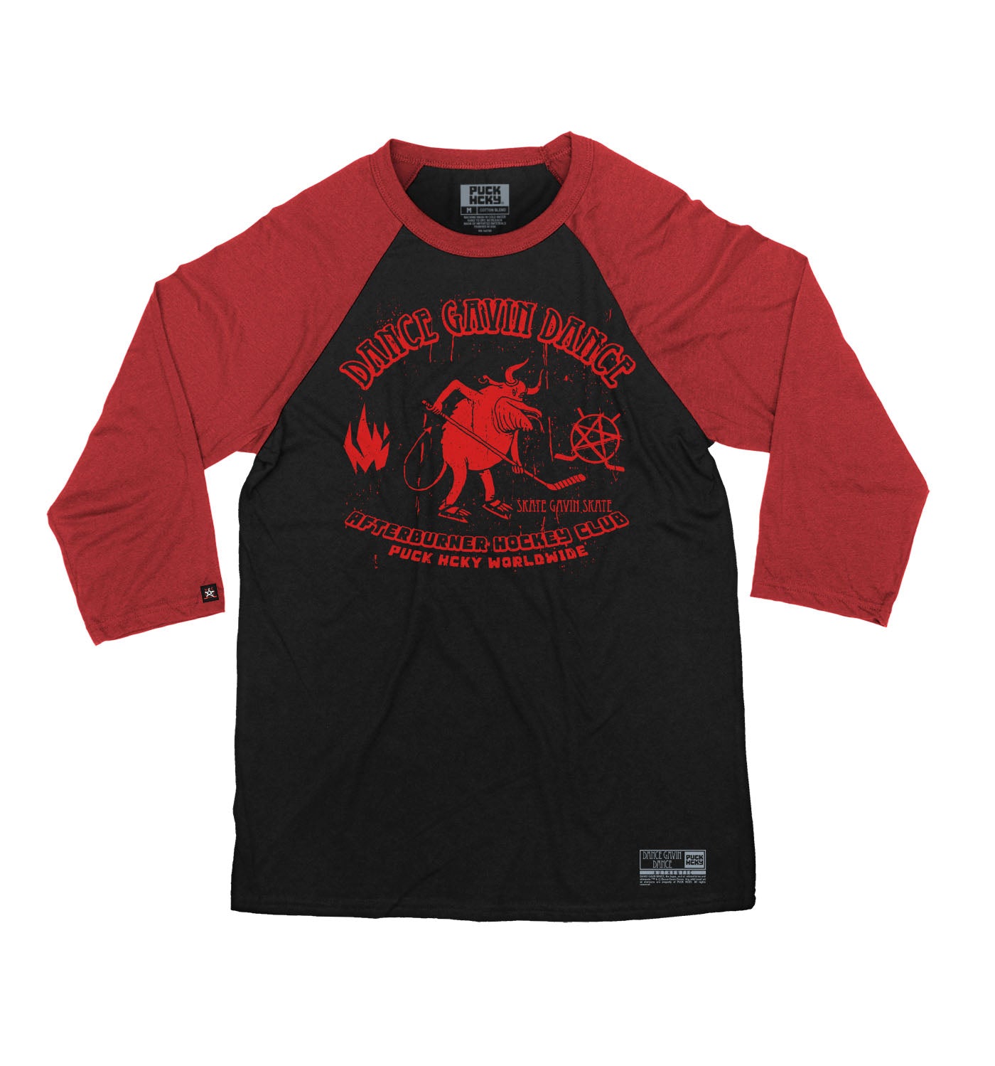 DANCE GAVIN DANCE ‘AFTERBURNER’ hockey raglan t-shirt in black with red sleeves front view