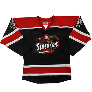 FIRST JASON 'SLASHERS' hockey jersey in black, red, and white