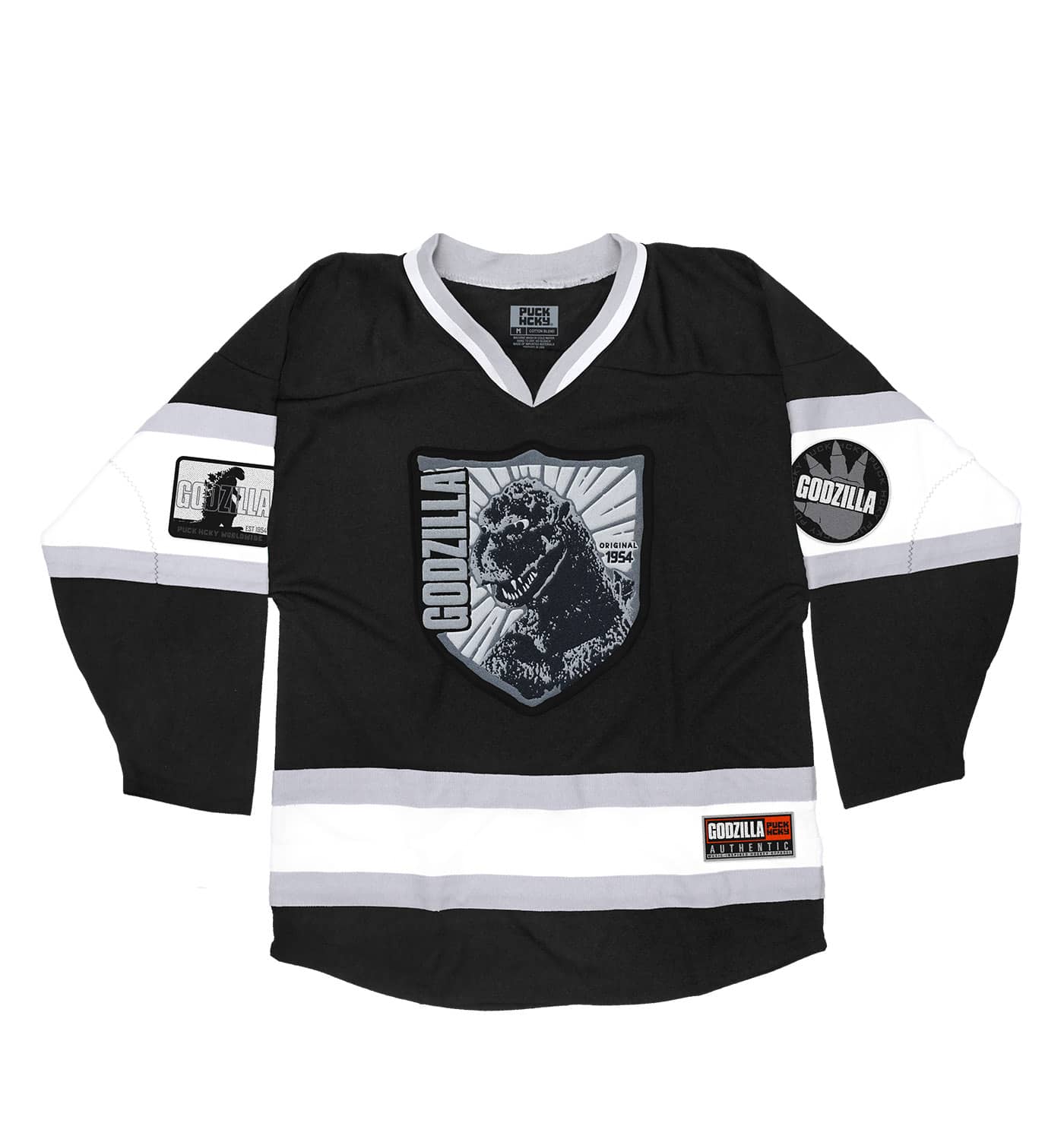 GODZILLA 'THE ORIGINAL G' deluxe youth hockey jersey in black, white, and grey front view