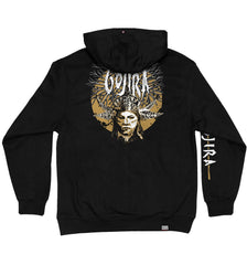 GOJIRA 'FORTITUDE' laced pullover hockey hoodie in black with vegas laces and white laces with black stripes back view