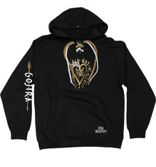 GOJIRA 'FORTITUDE' laced pullover hockey hoodie in black with vegas laces and white laces with black stripes front view