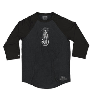 GOJIRA 'THE SHOOTING STAR' hockey raglan in black heather with black sleeves front view