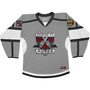 GUNS N' ROSES 'THE KINGS' deluxe hockey jersey in grey, black, and white front view