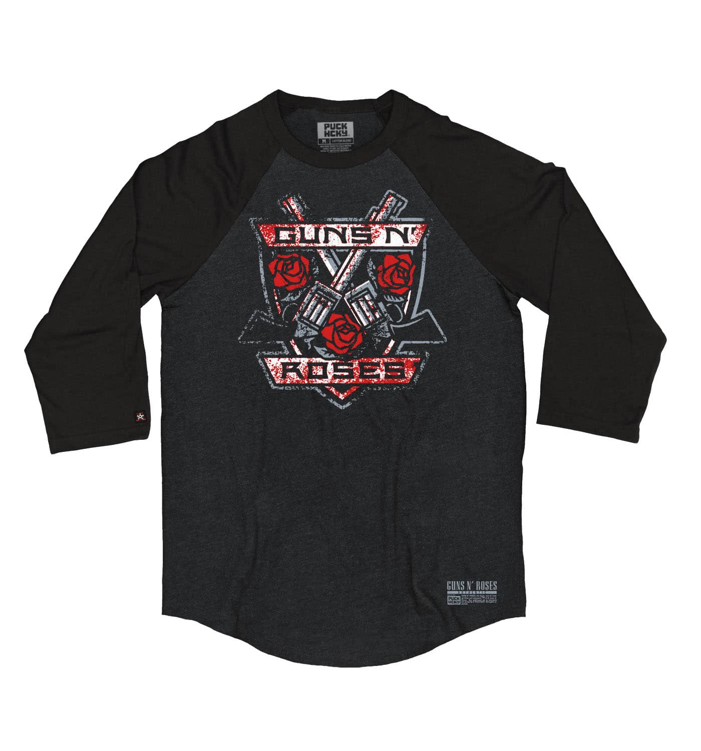GUNS N' ROSES 'THE KINGS' hockey raglan t-shirt in graphite heather with black sleeves front view