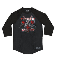 GUNS N' ROSES 'THE KINGS' hockey raglan t-shirt in graphite heather with black sleeves front view