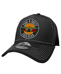 GUNS N' ROSES 'WORLDWIDE' stretch mesh contrast stitch hockey cap in black with white stitching front view