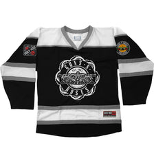 GUNS N' ROSES ‘WORLDWIDE’ hockey jersey in black, white, and grey front view