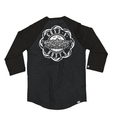GUNS N' ROSES 'WORLDWIDE' hockey raglan t-shirt in graphite heather with black sleeves back view