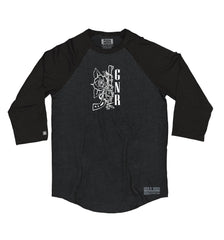 GUNS N' ROSES 'WORLDWIDE' hockey raglan t-shirt in graphite heather with black sleeves front view