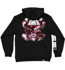 GWAR ‘CROSSBONES CROSSCHECK’ laced pullover hockey hoodie in black with red and white laces back view