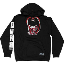 GWAR ‘CROSSBONES CROSSCHECK’ laced pullover hockey hoodie in black with red and white laces front view
