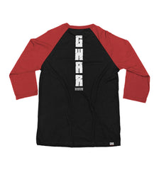 GWAR ‘CROSSBONES CROSSCHECK’ hockey raglan t-shirt in black with red sleeves back view